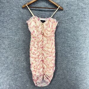 SBetro Lace Up Front Ruched Beige Floral Mesh Dress Mini Bodycon Women M Medium